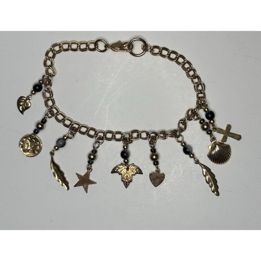 Charm Bracelet Gold Tone Shell Cross Heart Star Leaf Coin Dangles